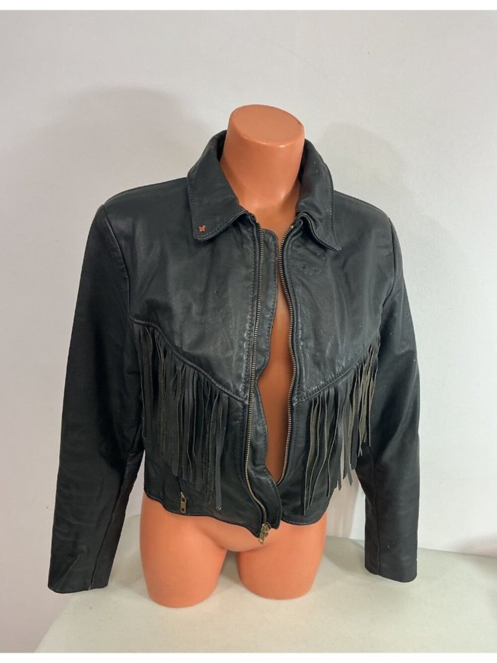 Women’s Black Leather Fringe Zip Jacket